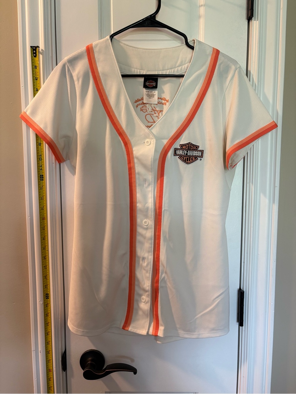 Harley-Davidson White Short-Sleeve Button Front Jersey with Orange Trim